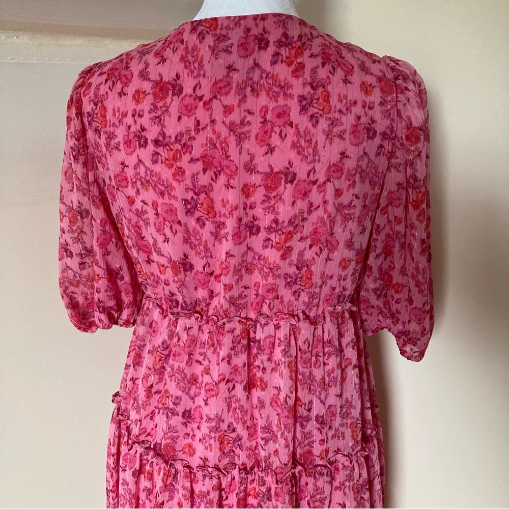 Taylor Pink Floral Ruffle Short Sleeve V neck Button Up Mini Dress size 4 - Picture 5 of 8